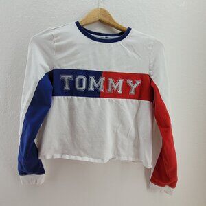 Tommy Hilfiger Sport Top Womens XS White Blue Red Long Sleeve Cropped Shirt